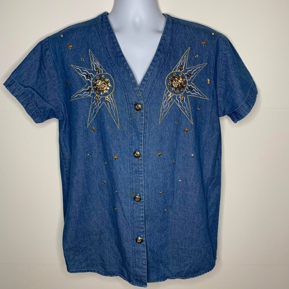 Vtg Epix Embellished Denim Blue Jean Womens Shirt Sequins & Embroidered Size XL